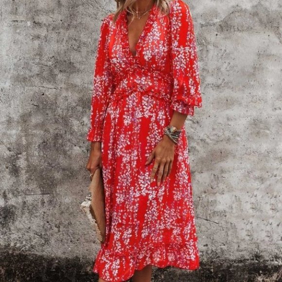 Red Shabby Chic Cottagecore Floral Ditsy Ruffle Hem Dress - Picture 5 of 5